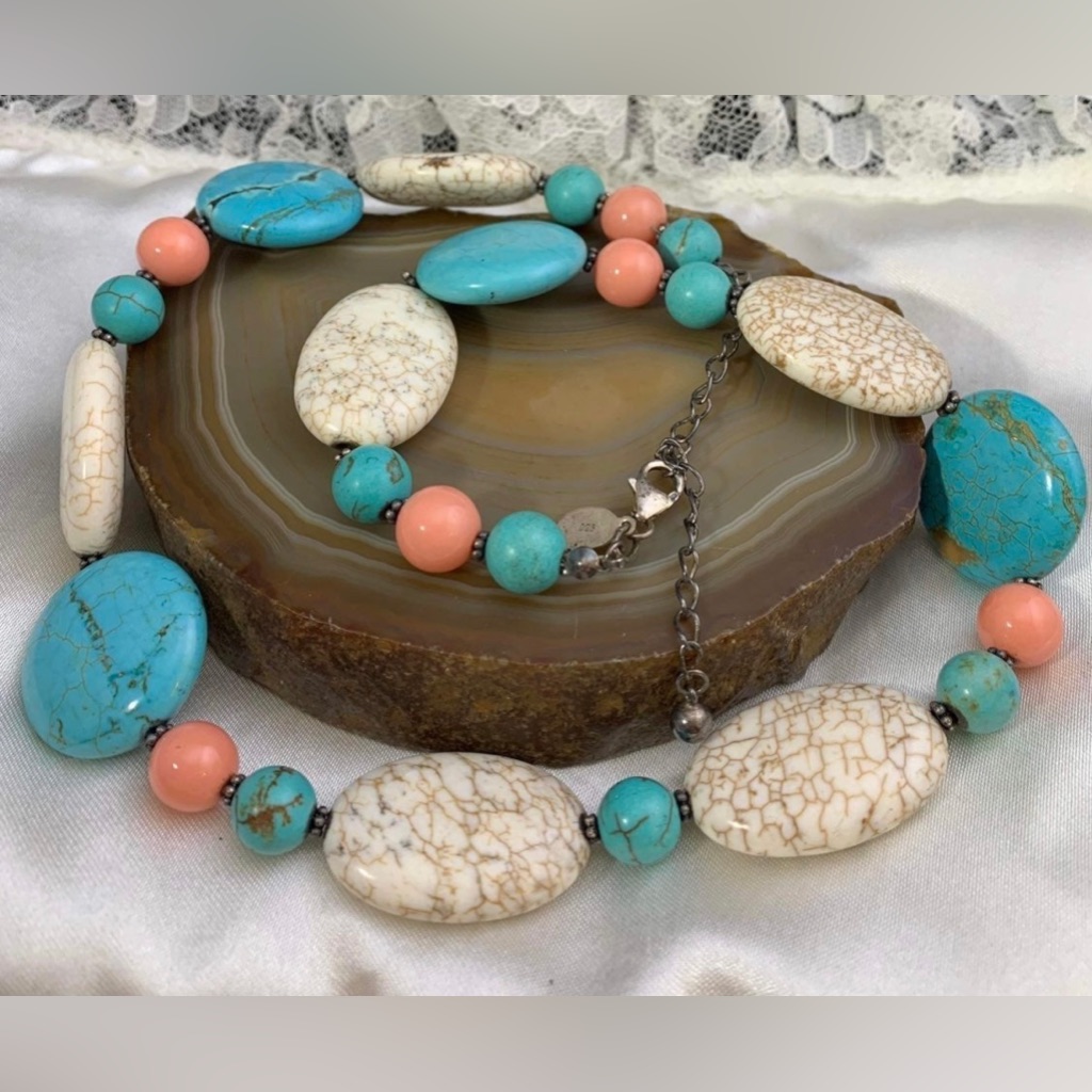 Turquoise And Coral Vintage 925 Donna Dressler Necklace